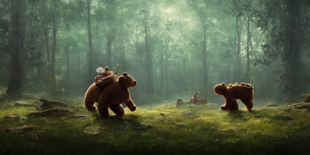 Prompt: a giant ant is riding a giant teddy bear in a forest, moody, cinematic light, art by Greg rutkowski, highly detailed, 8k