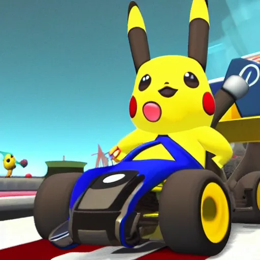 Image similar to Pikachu in Mario Kart, screenshot,