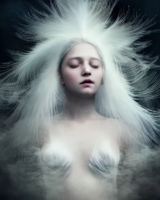 Image similar to delicate, dreamy, feminine, subsurface scattering, white, young beautiful goddess in cosmos long white hair floating in air, white feather dress, fluid smoke art, black and white, octane render, dino valls, mark ryden, joe fenton, michal karcz, highly detailed, rim light, art, cinematic lighting, very coherent, hyper realism, 8 k