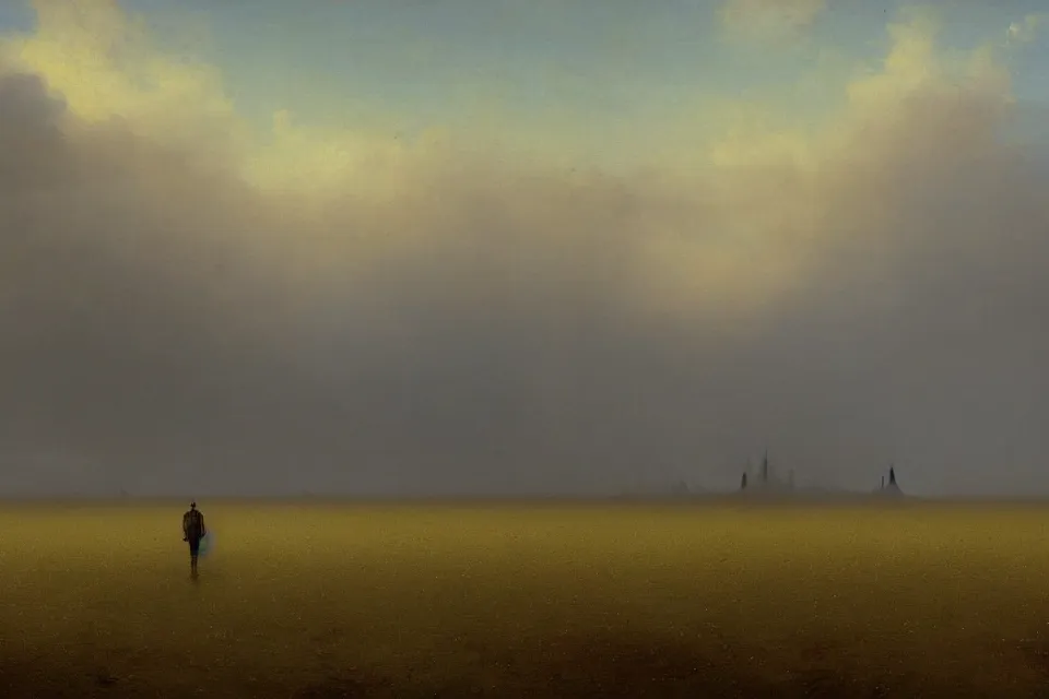 Image similar to concept art of the closed back view of one humanoid robot on the ground, many closed big tall buildings, vast wheat fields, by Ivan Aivazovsky, godrays, atmospheric, cinematic, distant world, wide angle, detailed