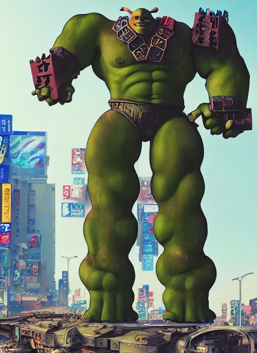 Prompt: handsome muscular shrek as a giant war robot in the middle of tokyo. ultra detailed, close - up, by conrad roset, takato yomamoto, jesper ejsing, masamune shiro, ukiyo - e, 8 k resolution, octane render, high quality, professional artwork