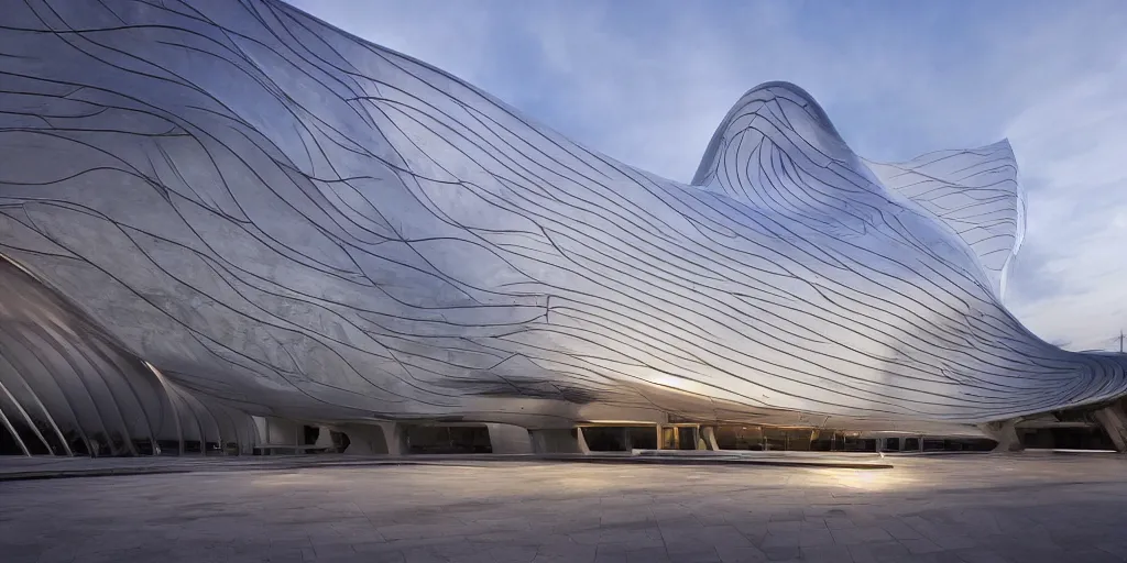 Image similar to extremely elegant smooth detailed stunning sophisticated beautiful elegant futuristic museum exterior by Zaha Hadid, Milan buildings in the background, smooth curvilinear design, stunning volumetric light, stainless steal, concrete, translucent material, beautiful sunset, tail lights