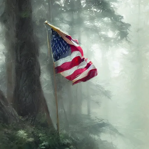 Prompt: tiny american flag in the forest, digital art by ruan jia and mandy jurgens and artgerm, realistic face, highly detailed, trending on artstation, award winning