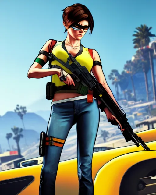 Image similar to gta 5, grand theft auto 5 cover art of tracer from overwatch