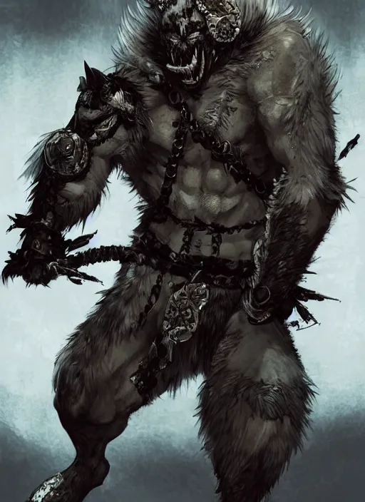 Image similar to Full body portrait of a scarred gnoll with white fur in ornate ninja garb. In style of Yoji Shinkawa and Hyung-tae Kim, trending on ArtStation, dark fantasy, great composition, concept art, highly detailed, dynamic pose.