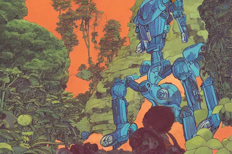 Image similar to most blues, evangelionic illustration, gigantic girl head, a lot of exotic vegetation, trees, tremendous mecha robot, flowers, oldschool vintage sci - fi flat surreal design, super - detailed, 2 d gouache painting by moebius and satoshi kon, hd, 4 k, high quality