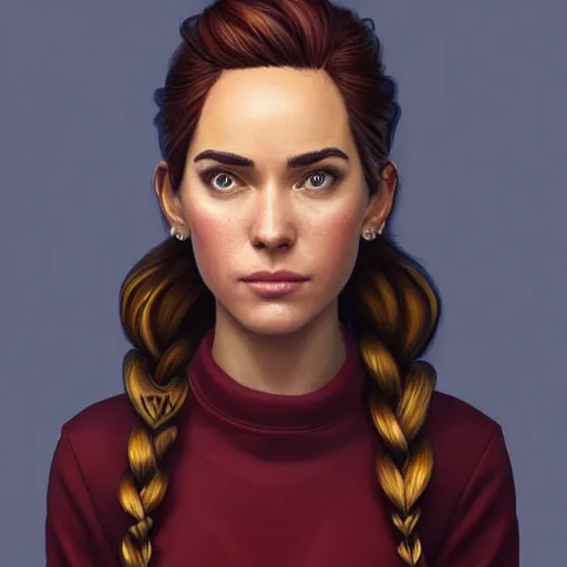 Prompt: an insanely detailed realistic depiction of beautiful jodi from stardew valley happy smirk standing in the grocery store wearing burgundy sweater under blue denim jeans, auburn hair french braid, flawless makeup, pretty brown eyes, odette annable, in the style of peter mohrbacher, artgerm, dramatic lighting and composition, octane render, trending on artstation, concept art 8 k