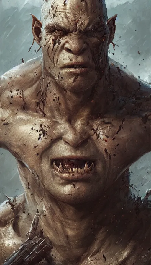 Image similar to Portrait of a battle-scarred orc, male, detailed face, fantasy, highly detailed, cinematic lighting, digital art painting by greg rutkowski