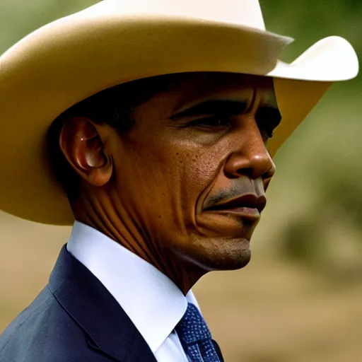 Prompt: Obama as a Cowboy, epic quality, sharp focus, western, movie still, 8k, yellow tint, dramatic,