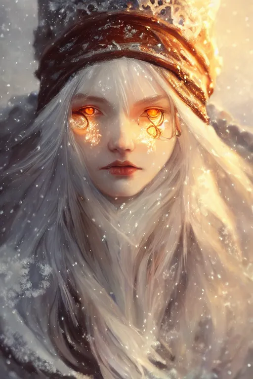 Prompt: beautiful ancient frost witch, eye fire, snow glow, snowfall, highly detailed, digital painting, artstation, sharp focus, illustration, art by tan zi and ayanamikodon and alphonse mucha and wlop