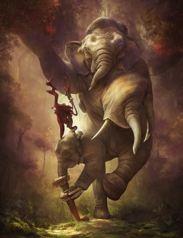 Image similar to full body, abstract painting in lush fantasy environment of a humanoid elephant with makeup on all his body and dressed like a bard, he is holding a harp, face in focus, epic, trending on artstation, masterpiece, cinematic lighting, by ross tran and by greg rutkowski