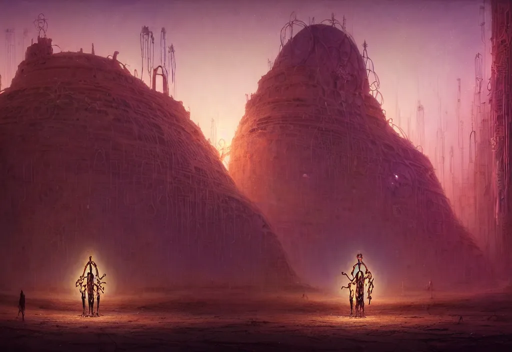 Prompt: A techno-magical shaman in shamanistic robes performs a ritual to resurrect a biomechanical horse in a huge steel ancient ruins covered of dunes of sand. Art by Finnian MacManus, Simon Stalenhag. Masterpiece, fantasy art, future, cinematic, hyperdetailed, sigils, photorealistic, cyberpunk, postapocalyptic, steampunk, hyperrealism, octane rendering, 8k, depth of field, bokeh, beautiful lighting.