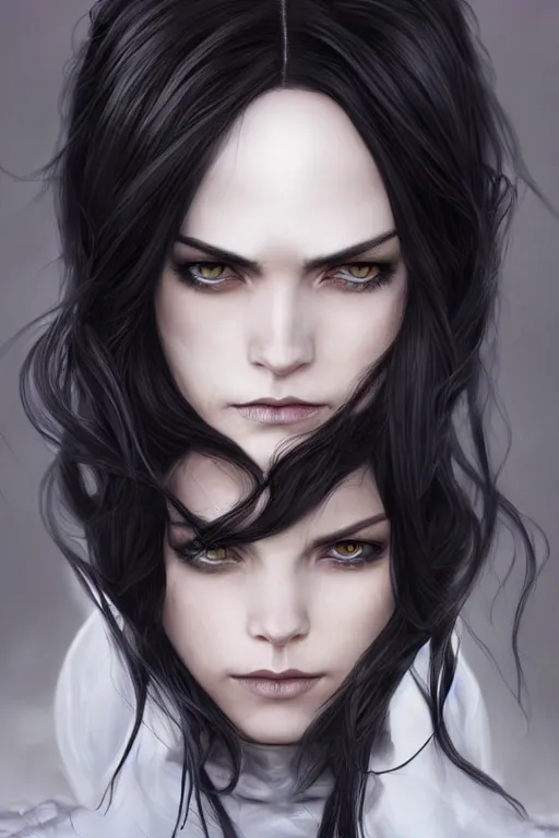 Image similar to grumpy long dark haired women, ice mage, medium shot, by travis charest, magali villeneuve and ilya kuvshinov, black coat, black makeup, hyperrealistic, hyperdetailed, fantasy artwork, fantastic artwork, 4 k, trending on artstation