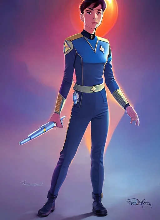 Image similar to cute star trek officer ferando torres, natural lighting, path traced, highly detailed, high quality, digital painting, by don bluth and ross tran and studio ghibli and alphonse mucha, artgerm