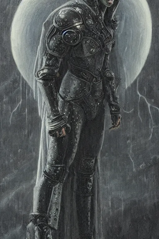 Prompt: portrait of beautiful gothic and futuristic young man, warcraft, cyber and rocks armor, a lot of more and more scars, thunderstorm, black with white head, the middle ages, highly detailed, artstation, illustration, more and more composision, 8 k quality, art by jean delville, rene magritte