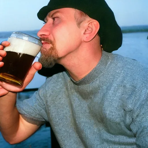 Prompt: egor letov drinking beer, high quality photo