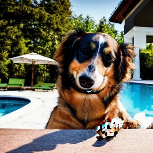 Image similar to a very detailed photo of a dog smoking a cigar outside the mansion by the pool