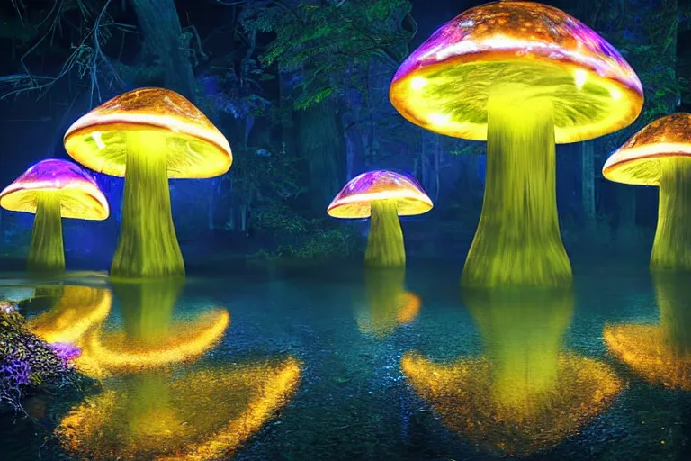 Prompt: giant glowing mushrooms next to a small bridge, flowing water, digital art, glowing crystal monolith in background, blue lighting, acrylic,