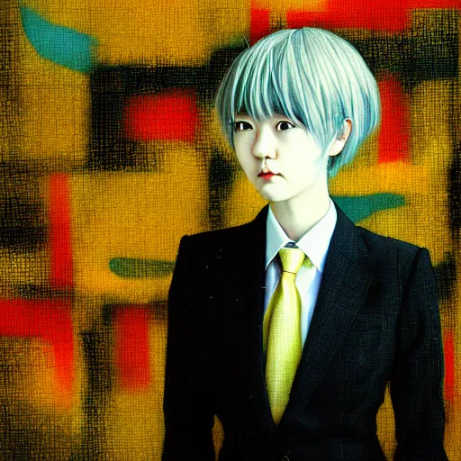 Image similar to yoshitaka amano blurred and dreamy realistic three quarter angle portrait of a young woman with short hair and black eyes wearing office suit with tie, junji ito abstract patterns in the background, satoshi kon anime, noisy film grain effect, highly detailed, renaissance oil painting, weird portrait angle, blurred lost edges