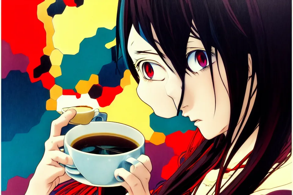 Image similar to colorful, anime portrait of a heroine drinking coffee, katsuhiro otomo, murata range, Ilya kuvshinov,fine texture, fine details, matte print, film noir, dramatic lighting, manga, anime, extreme perspectivedynamic composition, cinematic, film grain, moody, vivid, volumetric, alphonse mucha, art deco, smooth light shading, stippled lighting