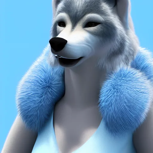 Image similar to 3 d render, well toned, large and tall, female anthropomorphic wolf with a short muzzle, blue scales and fur with white spots and wings on her back, icey blue dress, furr covering her chest.