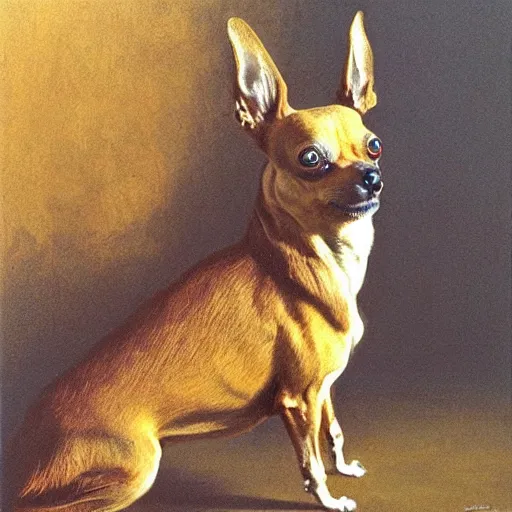 Image similar to an ominous beksinski painting of an enormous tan colored Chihuahua, snarling menacingly, 8k