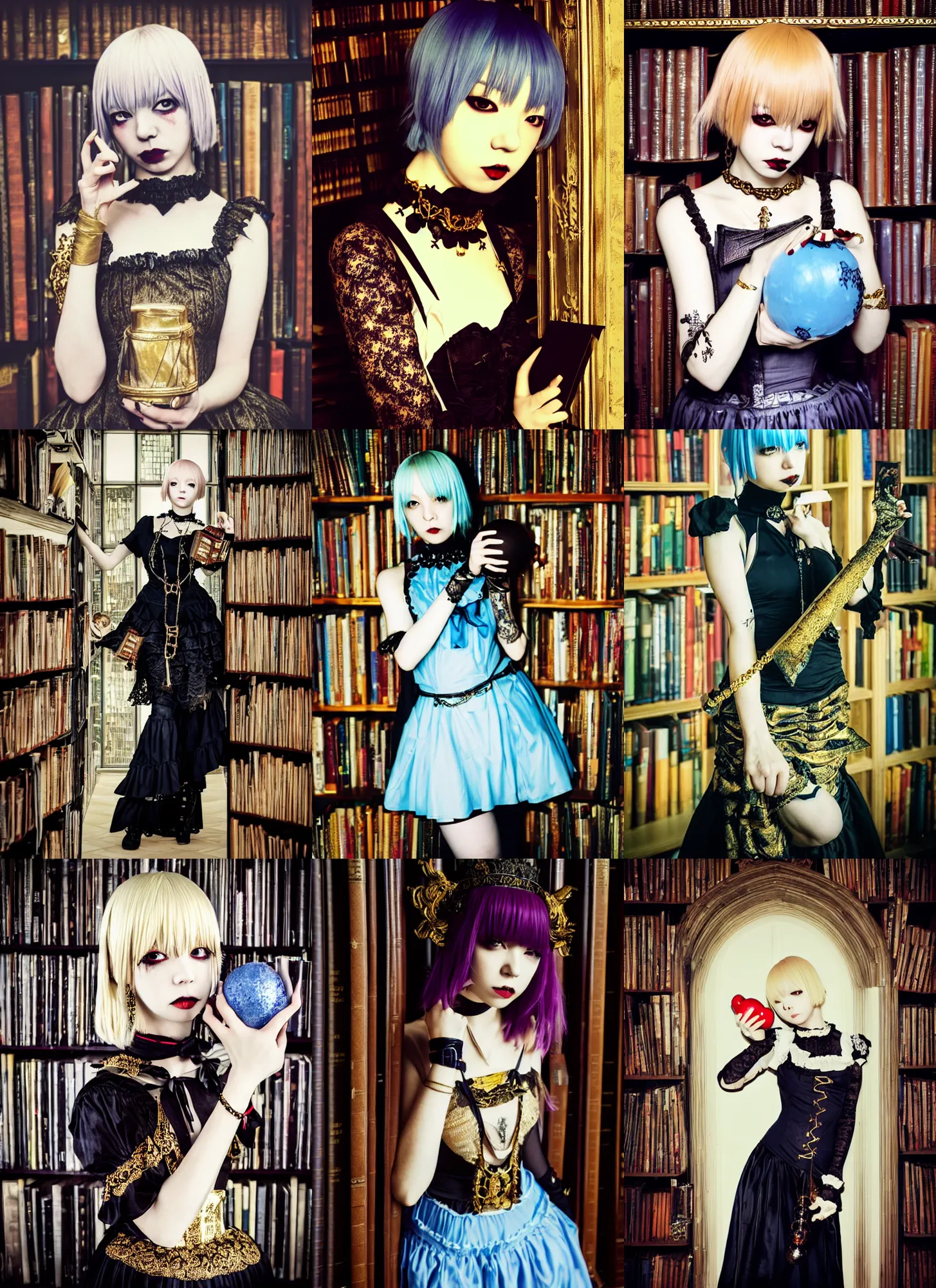 Prompt: lomography, full body portrait photo of women like reol holding a costume ball in a library, open books wearing an ornate gothic dress and choker, moody, realistic, dark, skin tinted a warm tone, light blue filter, hdr, rounded eyes, detailed facial features, gold black