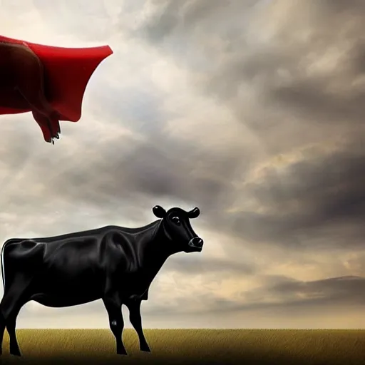 Image similar to digital art, trending on artstation, a cow wearing a cape flying in the sky with clouds