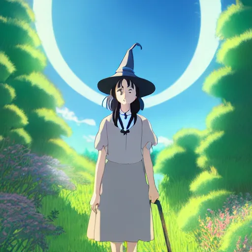 Image similar to A young adult witch with a cottage-core aesthetic, Studio Ghibli, character design, fantasy, 8k resolution