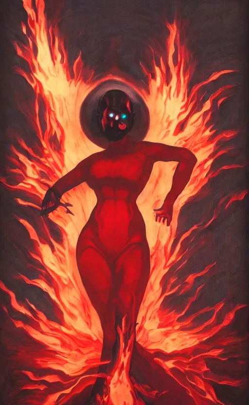 Image similar to Woman made of black flames, wearing a strict business suit, business casual, with no face, with glowing red eyes, with a red halo over her head, by Annie Swynnerton and Nicholas Roerich, madness combat, strong dramatic cinematic lighting , blood red sky, grey skin, smooth, sharp focus, extremely detailed