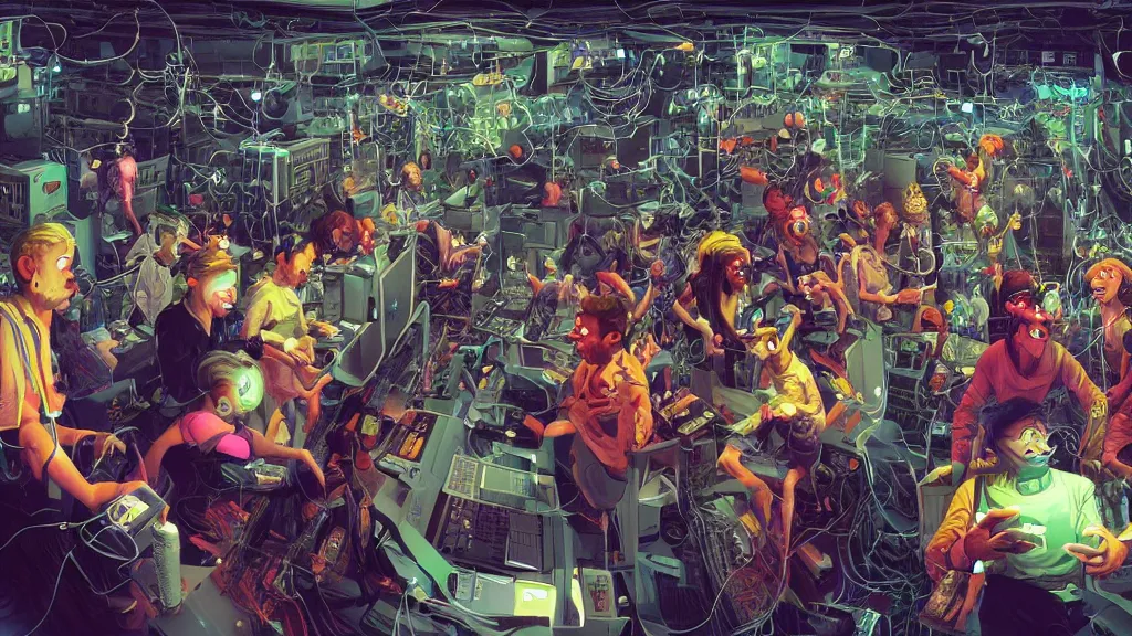 Prompt: selfie of a tight group of happy drunken hackers at a party in a highly detailed server room with computers everywhere and wires, in a scifi movie, vivid colors, by jamie hewlett, stephan martiniere, james gurney, james jean, anato finnstark. hyper detailed, wide angle, perfect faces