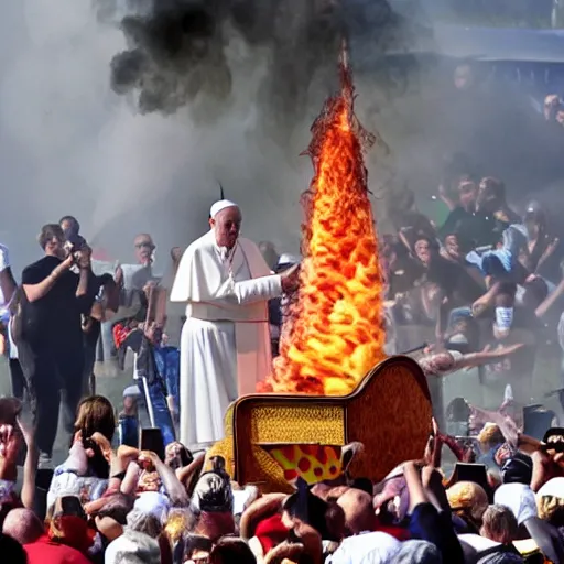 Prompt: a photo of the pope breathing fire at a carnival sideshow