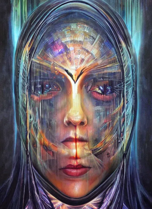 Prompt: enlightened cult psychic woman crossing through the veil of reality, symmetrical face, energy condensed to a slow vibration, epic surrealism expressionism symbolism, story telling, iconic, dark robed, oil painting, layers on layers on layers, dark myth mythos, by sandra chevrier, bruce pennington, masterpiece