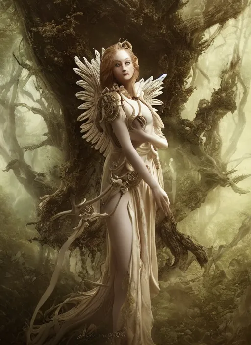 Prompt: high intricate porcelain baroque angelic warrior standing inside an ancient forest, maria panfilova, andrea savchenko, mike kime, ludovic plouffe, qi sheng luo, oliver cook, trending on artstation
