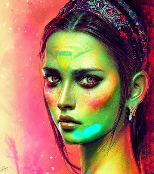 Prompt: beautiful intricate exquisite mayan princess realistic face, full body beautiful eyes, neon colors, drawing, in the style of greg rutkowski, fantasy, amazing detail, epic, intricate, elegant, smooth, sharp focus