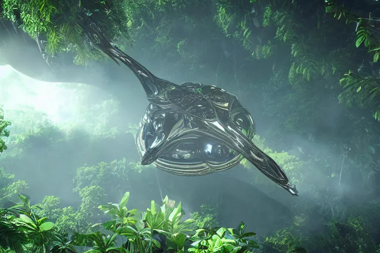 Prompt: big alien space ship flying in the tropical jungle, award winning, trending on artstation, unreal engine