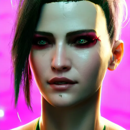 Image similar to headshot of female V from cyberpunk 2077 wearing thick steel choker around neck, 4K, detailed face, collar on neck, realistic, artstation, neon,