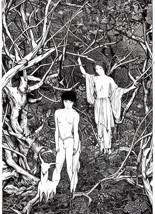 Prompt: boy and girl and a goat in a deep bloody thorns bones forest, by Vania Zouravliov and Takato Yamamoto, high resolution