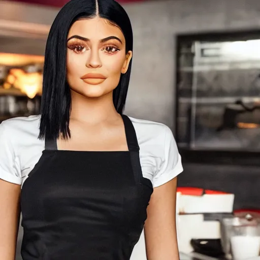 Image similar to kylie jenner working as a server in a poor restaurant, ultra detailed, dynamic light, photorealistic