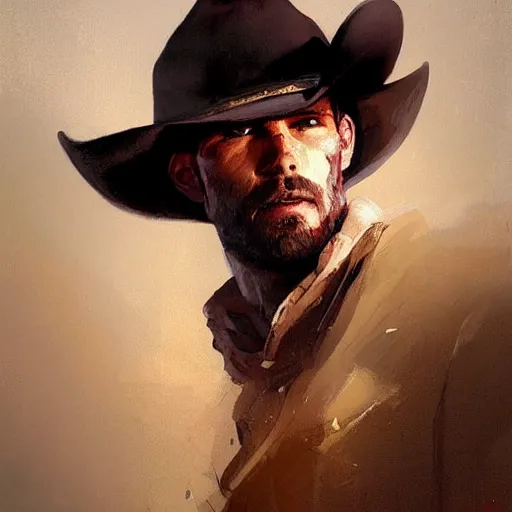 Image similar to a beautiful portrait of a cowboy by greg rutkowski and bill sienkiewicz trending on artstation