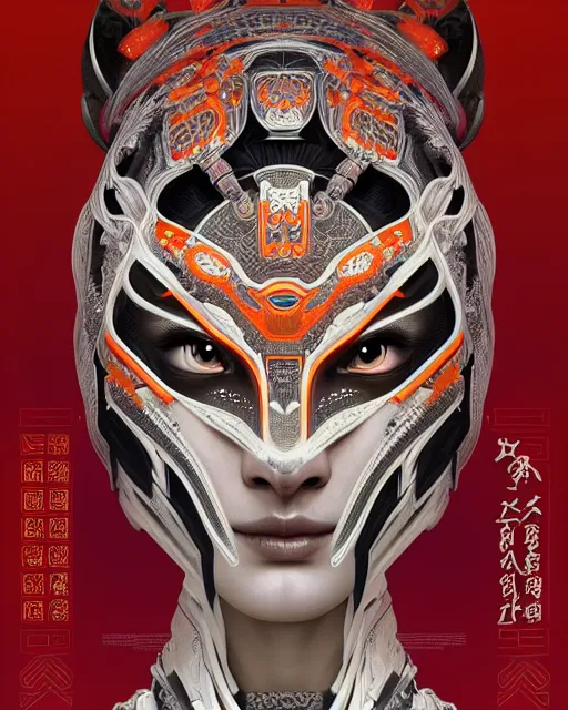 Image similar to symmetry!! portrait of a machine from horizon zero dawn, machine face, decorated with chinese opera motifs, intricate, elegant, highly detailed, digital painting, artstation, concept art, smooth, sharp focus, illustration, art by artgerm and greg rutkowski and alphonse mucha, 8 k