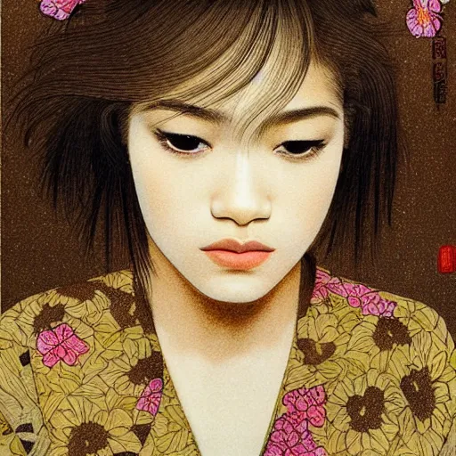 Image similar to “ zendaya portrait by ikenaga yasunari, drawing, realistic, sharp focus, japanese, dreamy, nostalgia, faded, golden hues, floral clothes, ”