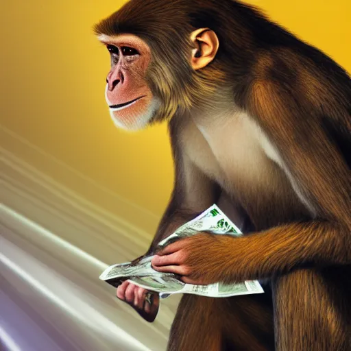 Prompt: monkey holding money, chromatic, crepuscular rays, dslr, caravaggio, ciane color, dof