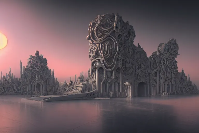 Prompt: sci - fi concrete baroque rococo architecture in hell, zaha hadid, beksinski, oil painting, photoreal, highly detailed, 8 k, hd, vray, artstation, cinematic matte painting, extreme detail photo quality, sunset, featured on behance