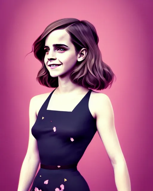 Prompt: beautiful full body Emma Watson smiling illustration by lois van baarle and loish and ross tran and rossdraws and sam yang and samdoesarts and artgerm and Cecil Beaton, Lee Miller, Irving Penn, David Bailey, 3D unreal 5, DAZ, hyperrealistic, octane render, cgsociety, Photolab, Lightroom, 4K, Dolby Vision, Photography Award