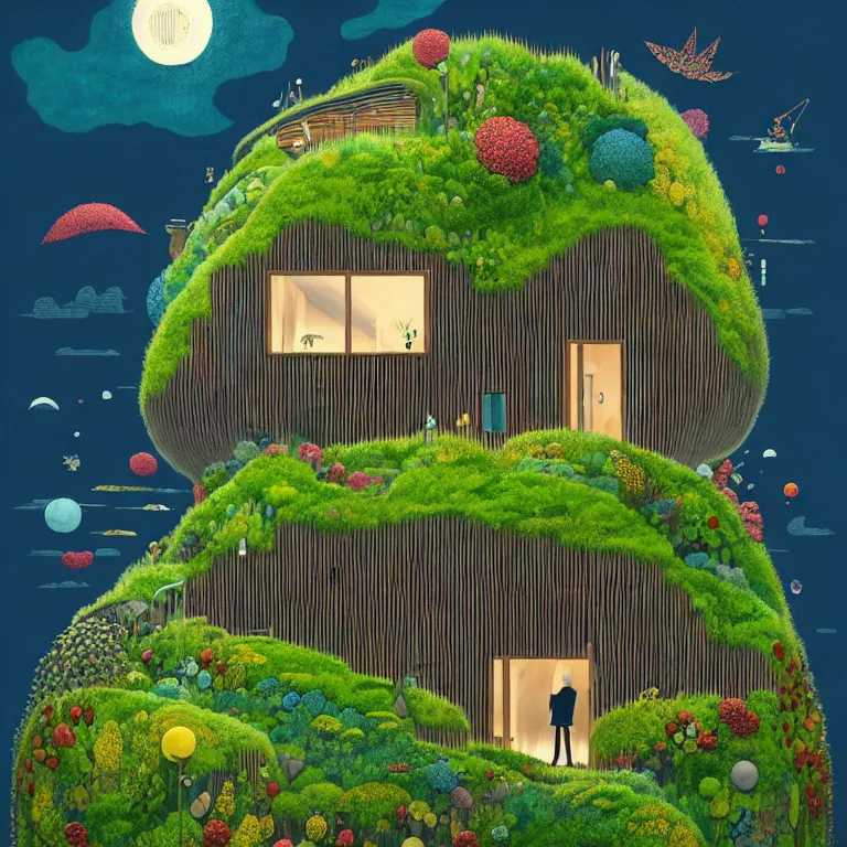 Image similar to tiny house by kengo kuma on island, sea cloud, surreal art by gediminas pranckevicius, geof darrow, jason naylor, dark shadows, hard lighting, floralpunk flower and green plants garden, inking, etching, screen print, masterpiece, trending on artstation, sharp, colorful high contrast hd, 8 k hyper detailed