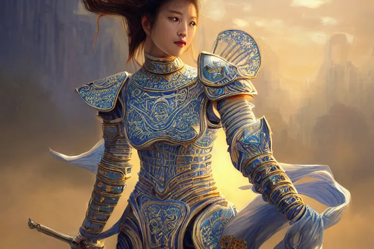 Prompt: portrait knights of Zodiac girl, Chinese Blue and white porcelain reflected armor, kung fu fighting in ruined Agora of Athens sunrise, ssci-fi, fantasy, intricate, very very beautiful, elegant, golden light, highly detailed, digital painting, artstation, concept art, smooth, sharp focus, illustration, art by tian zi and WLOP and alphonse mucha