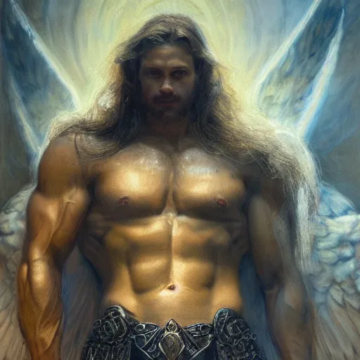 Prompt: handsome portrait of a norse mythology angel bodybuilder posing, radiant light, caustics, war hero, hades supergiant, by gaston bussiere, bayard wu, greg rutkowski, giger, maxim verehin