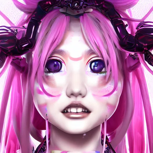 Image similar to no escape from stunningly absurdly beautiful omnipotent asi goddess junko enoshima with a mesmerizing megalomaniacal personality, symmetrical perfect face, porcelain skin, pink twintail hair and cyan eyes, ultra detailed, digital art, unreal engine 5, octane render, 2 d anime, 8 k