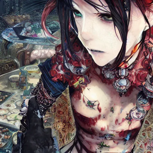 Prompt: goth woman eating dinner color page, tankoban, 4 k, tone mapping, akihiko yoshida, james jean andrei riabovitchev marc simonetti, yoshitaka amano, long hair, curly, h. hydrochaeri